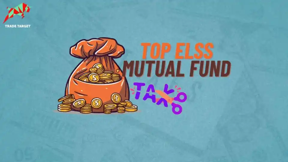 A money-filled potli against a sky blue wallpaper with the text 'Top ELSS Mutual Funds' beside the potli, and a pair of scissors cutting the word 'Tax,' representing the best ELSS mutual funds for tax savings and wealth growth. Be patient and give your investments time to perform.