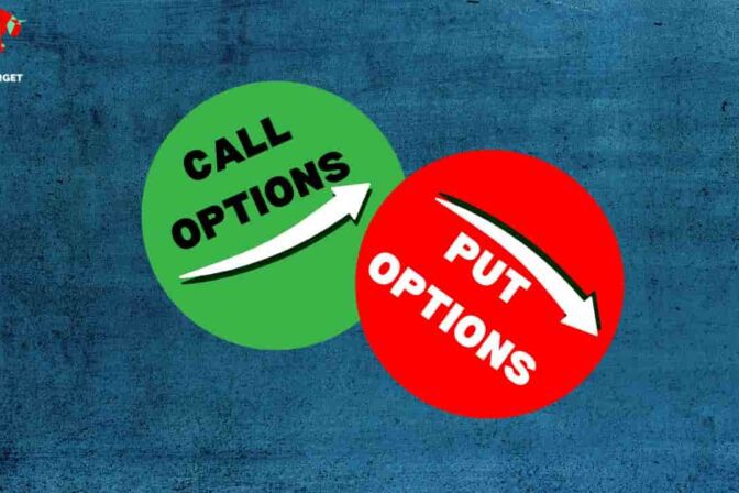 Blue background with two circles: one green circle labeled 'Call Options' with an up arrow, and one red circle labeled 'Put Options' with a down arrow