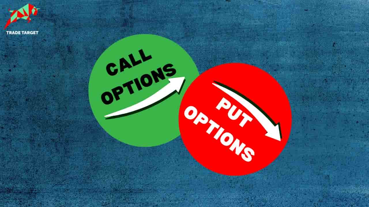 Blue background with two circles: one green circle labeled 'Call Options' with an up arrow, and one red circle labeled 'Put Options' with a down arrow