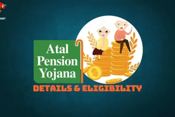 Old age couple sitting on a pile of money with details and eligibility criteria for Atal Pension Yojana displayed.