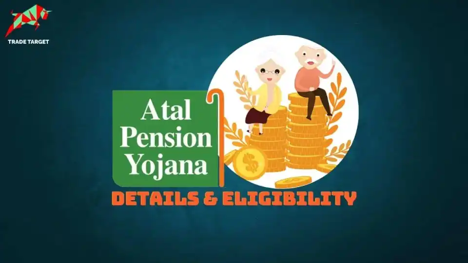 Old age couple sitting on a pile of money with details and eligibility criteria for Atal Pension Yojana displayed.