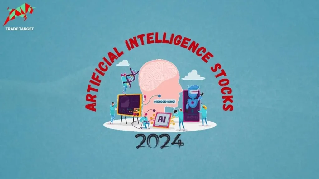 Illustration of various AI-related clipart against a sky blue background. The image features elements such as neural networks, robots, data charts, and AI icons. The text 'Artificial Intelligence Stocks 2024' is prominently displayed at the top, highlighting the topic of AI stocks, their features, benefits, and risks.