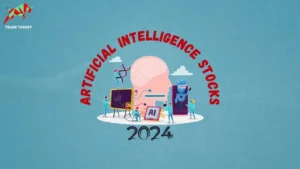 Illustration of various AI-related clipart against a sky blue background. The image features elements such as neural networks, robots, data charts, and AI icons. The text 'Artificial Intelligence Stocks 2024' is prominently displayed at the top, highlighting the topic of AI stocks, their features, benefits, and risks.