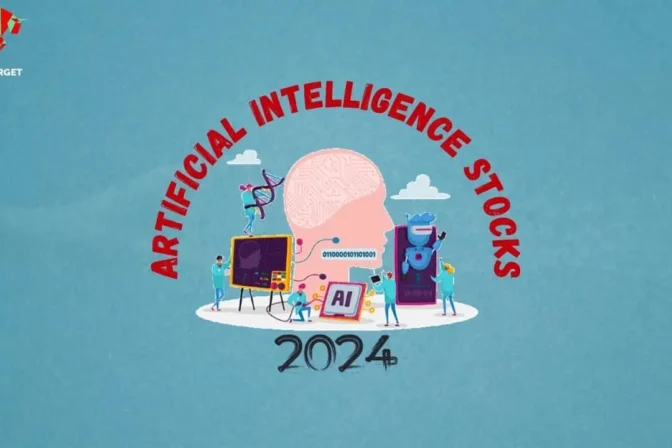 Illustration of various AI-related clipart against a sky blue background. The image features elements such as neural networks, robots, data charts, and AI icons. The text 'Artificial Intelligence Stocks 2024' is prominently displayed at the top, highlighting the topic of AI stocks, their features, benefits, and risks.