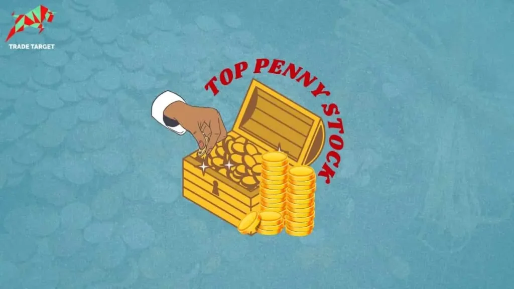 Top Penny Stocks with a box full of coins and a hand picking a coin.