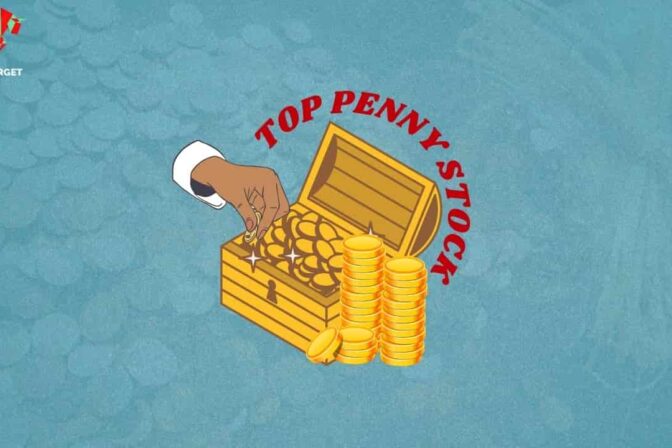 Top Penny Stocks with a box full of coins and a hand picking a coin.