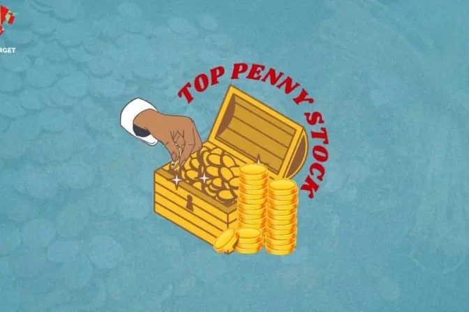 Top Penny Stocks with a box full of coins and a hand picking a coin.