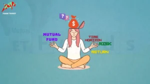 A girl sitting and doing meditation with words like mutual fund, risk, time horizon, and return written around her hands and head, representing the concept of choosing top mutual funds in India for 2024.