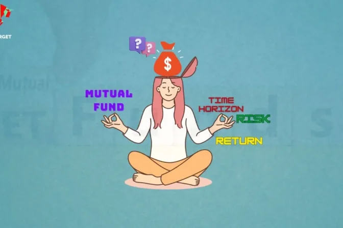 A girl sitting and doing meditation with words like mutual fund, risk, time horizon, and return written around her hands and head, representing the concept of choosing top mutual funds in India for 2024.