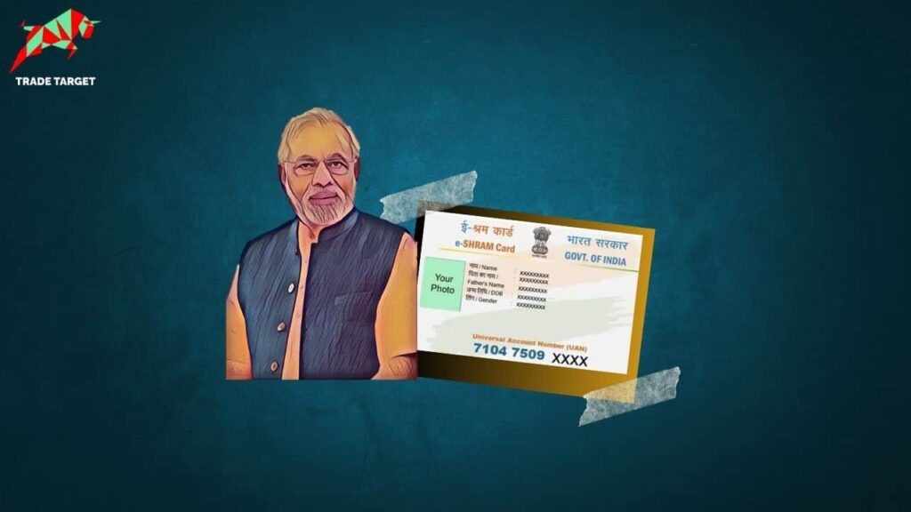 Prime Minister Modi Ji standing with E-Shram Card against teal background