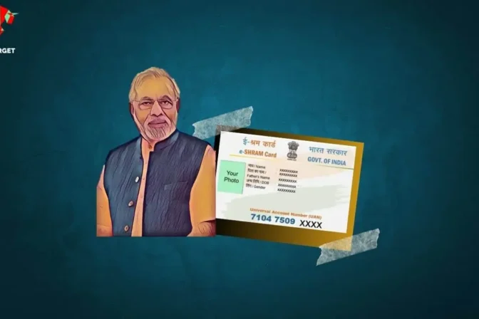 Prime Minister Modi Ji standing with E-Shram Card against teal background