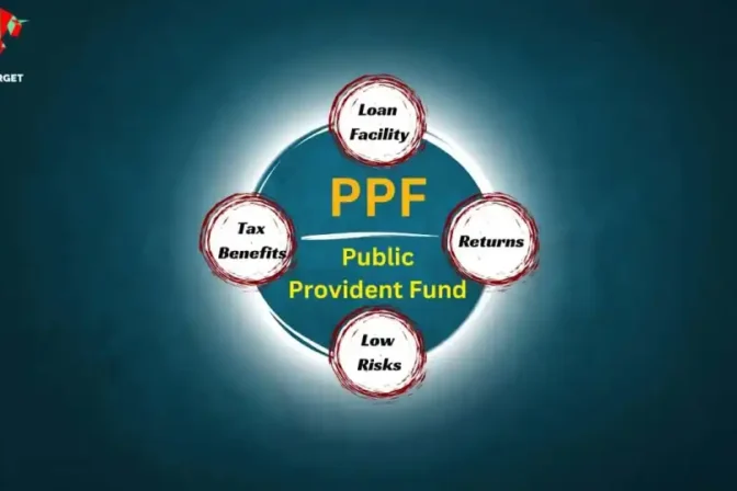 A teal background with a circle in the center, labeled "PPF (Public Provident Fund)". Four smaller circles surround the central circle, each labeled with one of the benefits of PPF: "Loan Facility", "Tax Benefits", "Returns", and "Low Risks".