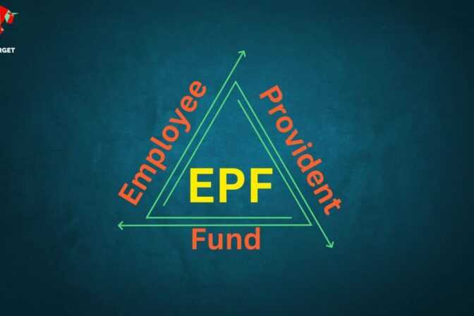 Yellow triangle with "EPF" against teal background, surrounded by single words: Employee Provident Fund.