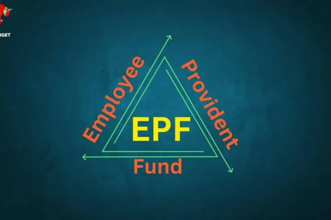 Yellow triangle with "EPF" against teal background, surrounded by single words: Employee Provident Fund.