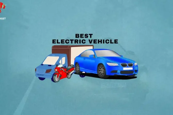 Various electric vehicles clipart on a sky blue background, representing the best electric vehicle stocks.