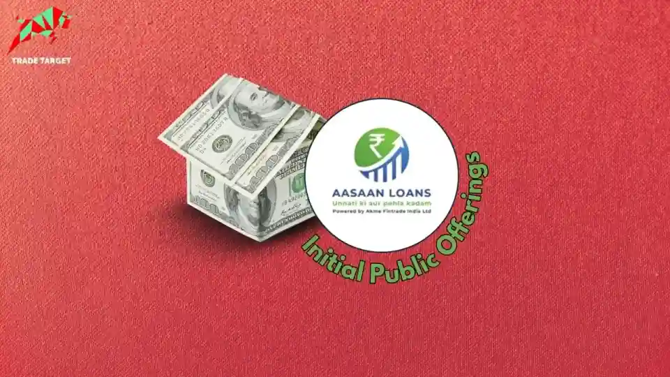 Akme Fintrade India logo in a circle representing the company incorporated in 1996, a non-banking financial company (NBFC), with a house made of money and 'Initial Public Offering' written on top, indicating the upcoming IPO and its grey market premium.