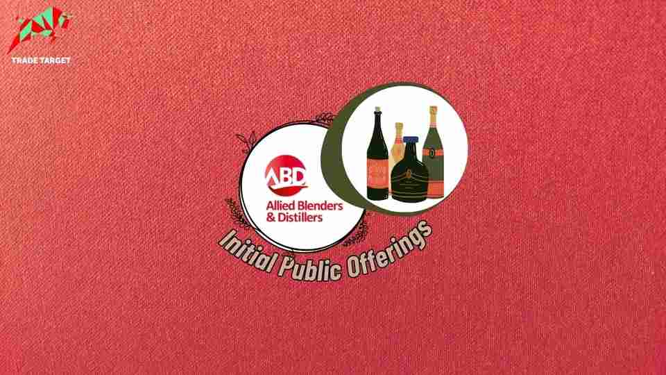 Two circles against a red wallpaper: one circle features the Allied Blenders logo, and the other shows a liquor clipart symbolizing an Indian-made foreign liquor company. The text indicates an upcoming Initial Public Offering (IPO) and mentions its grey market premium.