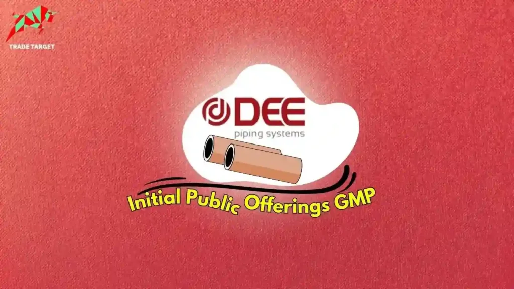DEE Development Engineers logo against a red wallpaper, featuring two pipes and text 'IPO GMP' representing the business and upcoming IPO.