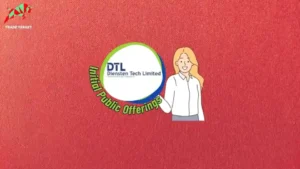 "A girl standing against a red wallpaper with the Diensten Tech logo. The logo is under a circle, symbolizing the business's offerings: IT professional resourcing, IT consulting, IT training, software AMC services, and upcoming initial public offerings with their grey market prices.