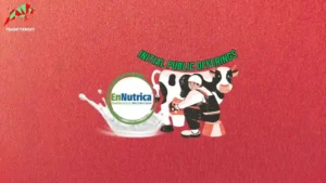 EnNutrica logo inside a circle, with the circle positioned under a milk splash. A person is milking a cow, with 'Initial Public Offering' written on the cow. The image represents EnNutrica's upcoming IPO and their dairy products, including milk protein concentrates, skimmed milk powder, dairy whitener, whey protein concentrate, milk whey powder, casein, unbranded cream, butter, and fat-filled powders for infant milk formula.