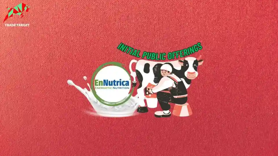 EnNutrica logo inside a circle, with the circle positioned under a milk splash. A person is milking a cow, with 'Initial Public Offering' written on the cow. The image represents EnNutrica's upcoming IPO and their dairy products, including milk protein concentrates, skimmed milk powder, dairy whitener, whey protein concentrate, milk whey powder, casein, unbranded cream, butter, and fat-filled powders for infant milk formula.