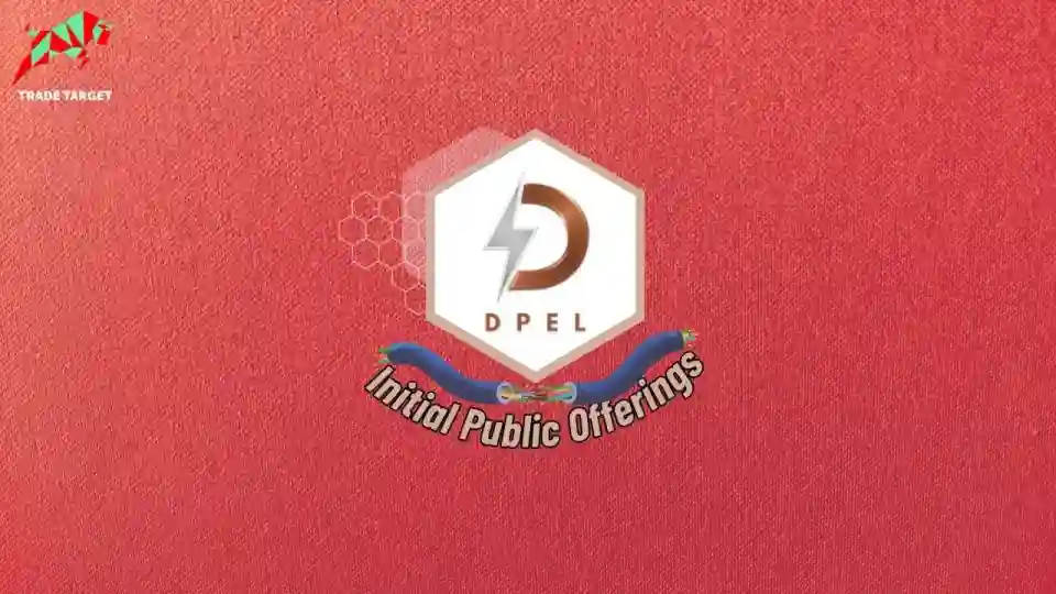 Divine Power Energy logo in a hexagon shape on red wallpaper, with blue-coated copper wire clipart below and 'Initial Public Offering' text beneath it.