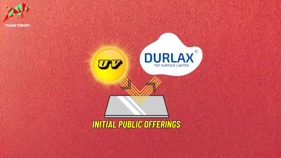 Sun rays reflecting off a solid surface material towards a cloud displaying the Durlax Top Surface logo, representing the company's business in manufacturing and selling solid surface materials across India. Text at the bottom mentions 'Initial IPO offering' indicating the upcoming IPO and its grey market price.