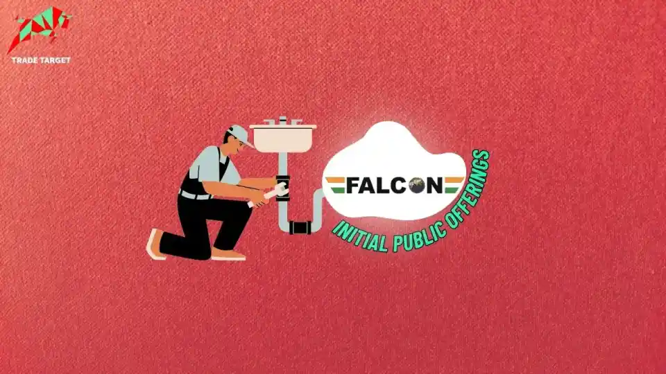 A plumber fixing a wash basin with the logo of Falcon Technoprojects India Limited. The company provides mechanical, electrical, and plumbing services across various sectors in India, including petroleum refineries, housing estates, nuclear power, and construction. The bottom of the image mentions the upcoming Initial Public Offering (IPO) and its grey market price.