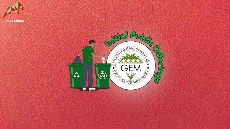 GEM Enviro Management Limited logo inside a circle, symbolizing the company's focus on recycling all types of packaging waste, including plastic. A clipart of a person dumping waste into a dustbin represents the company's waste management services. The text 'Initial Public Offering' highlights the upcoming IPO and its grey market premium.