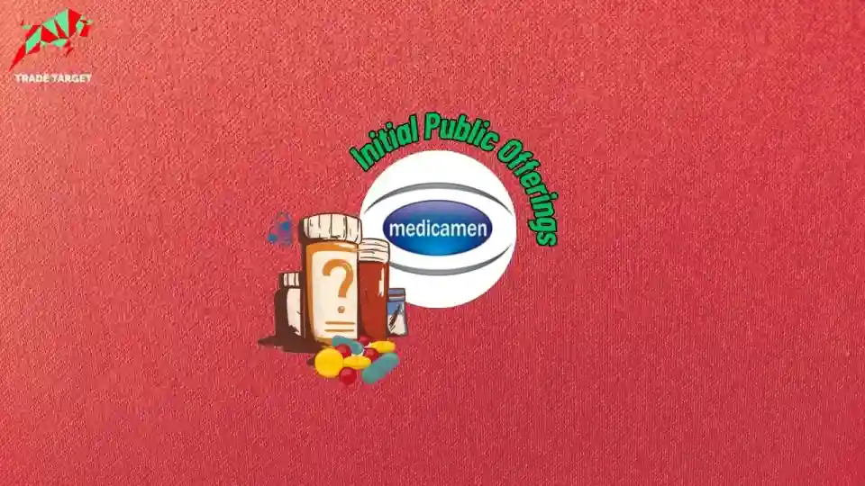 Medicamen Organics Limited logo displayed within a circle against a red background. Beside the logo are a bottle of medicine and several drug containers, illustrating the company's pharmaceutical manufacturing business. The text "Initial Public Offerings" encircles the logo, indicating the upcoming IPO and its grey market premium.