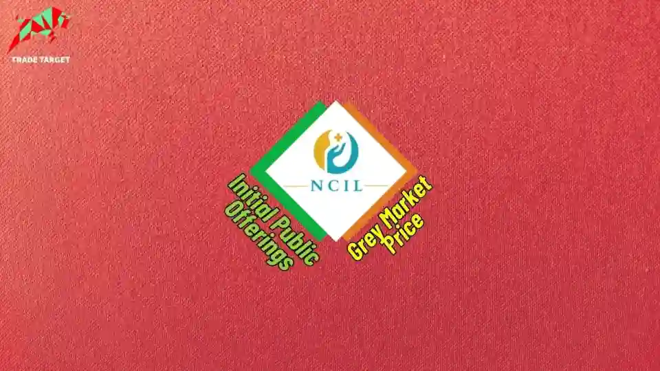 Nephro Care India logo in a quadrangle on red wallpaper. 'Initial Public Offering' on the left and 'Grey Market Price' on the right, representing clinical solutions and upcoming IPO details.