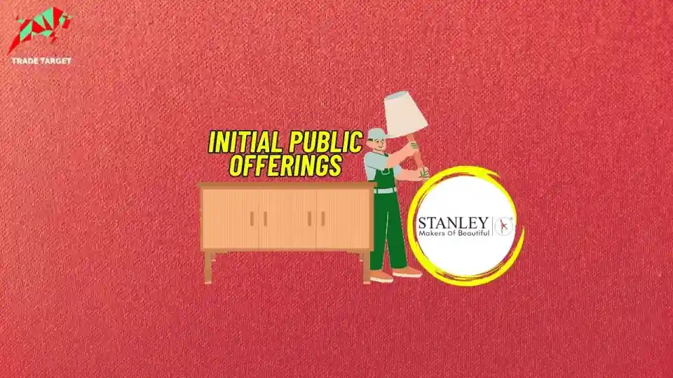 A person standing beside a table with a big standing light, the table has 'Initial Public Offering' written on it, with the Stanley Lifestyles logo in a circle against a red background. The image also highlights the upcoming IPO and its grey market price.
