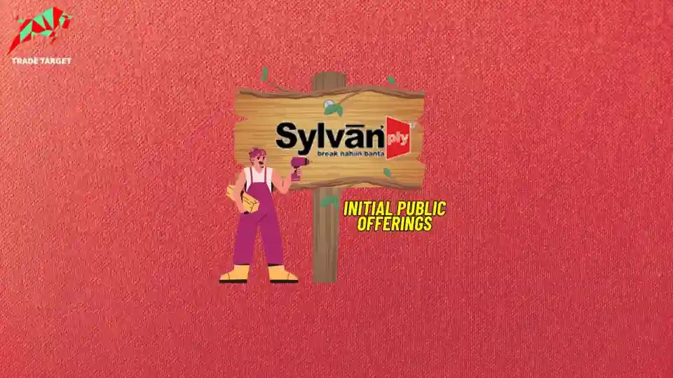 Wooden signpost against a red wallpaper with the Sylvan Plyboard logo on the signpost. A carpenter stands beside the signpost, representing Sylvan Plyboard's business of manufacturing wood products like plywood, block board, flush doors, veneer, and sawn timber in various grades and thicknesses. 'Initial Public Offering' is written below the signpost, indicating the upcoming IPO and grey market premium.