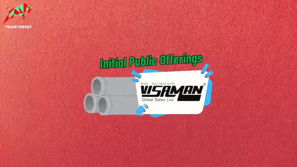 Visaman Global logo with pipes against red wallpaper, highlighting their upcoming IPO and diverse steel and coil products.
