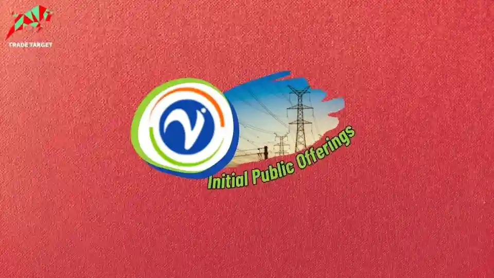 Logo of Vraj Iron and Steel displayed within a circle set against a red wallpaper, alongside an electric pole symbolizing the business of Sponge Iron, M.S. Billets, and TMT bars under the brand Vraj. The image also highlights the company's upcoming initial public offering (IPO) and its grey market premium.