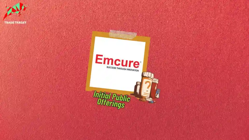 Emcure logo is framed, with various drugs displayed beside it, symbolizing the company's pharmaceutical business. Emcure develops, manufactures, and globally markets a wide range of pharmaceutical products across several major therapeutic areas. The text "Initial Public Offering" is written at the bottom, indicating the upcoming IPO and grey market price.