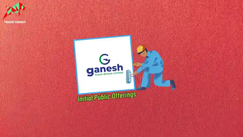 Ganesh Green Bharat Limited logo on red wallpaper, with a person pinning to the wall, representing the electrical contracting business. "Initial Public Offering" is written at the bottom, indicating the upcoming IPO and grey market price.
