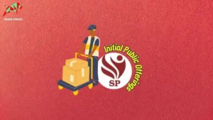 Sati Poly Plast Limited logo in a circle with 'Initial Public Offering' around it, on red wallpaper, with clipart of a man with a trolley and box packages.