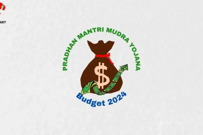 A money bag against a white background with "Pradhan Mantri MUDRA Yojana" written on top and "Budget 2024" written on the bottom, representing the announcement of an increase in the MUDRA loan limit for entrepreneurs.