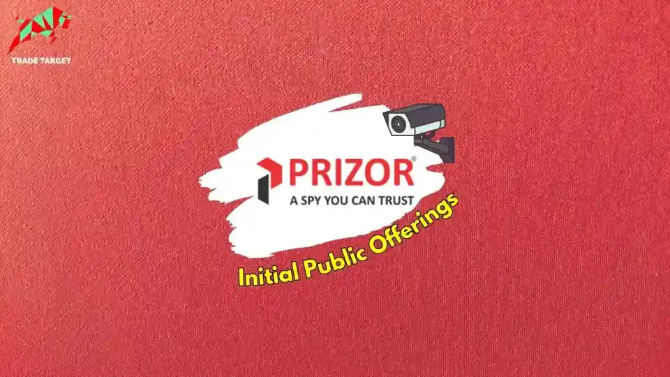 Prizor Viztech Limited logo with CCTV camera clipart on red background, highlighting their business sectors and upcoming IPO.