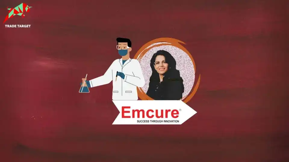 Namita Thapar and a male scientist in lab coats representing the success of Emcure Pharmaceuticals, with the Emcure Pharmaceuticals logo in the background.