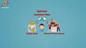 Cartoon of a man thinking with a question mark above his head. "Systematic Investment Plans" is written above. Two watering cans: one waters a jar labeled "Mutual Fund," the other waters a plant pot with people and currency notes, labeled "Systematic Investment Plans.