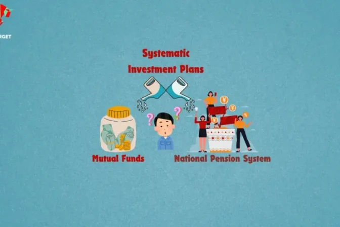 Cartoon of a man thinking with a question mark above his head. "Systematic Investment Plans" is written above. Two watering cans: one waters a jar labeled "Mutual Fund," the other waters a plant pot with people and currency notes, labeled "Systematic Investment Plans.