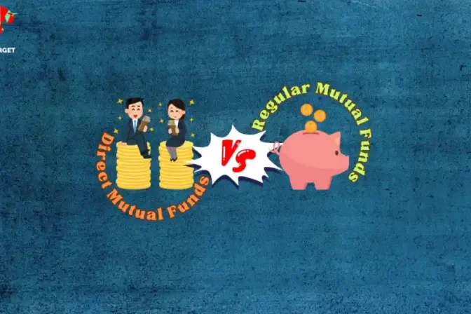 Two figures perched on piles of money, one with a piggy bank, illustrating the comparison of mutual fund options in India.