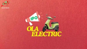 Announcement mic with IPO written on it and a lime green scooter standing on the OLA Electric word, representing the upcoming OLA Electric IPO.