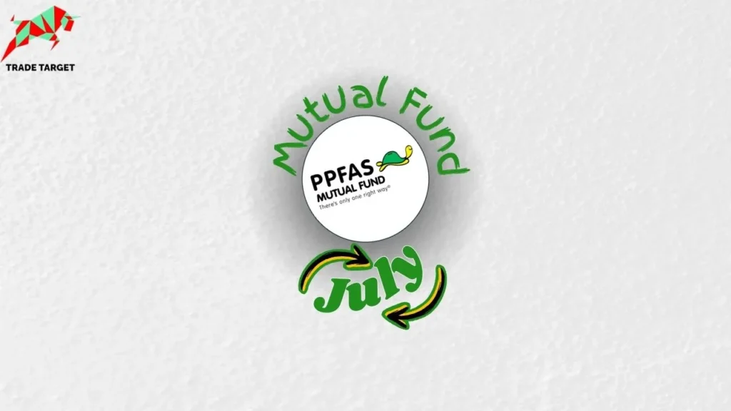 Parag Parikh Mutual Fund logo with 'Mutual Fund' in a circle and 'July' below in handwritten style, encircled by a curved arrow.