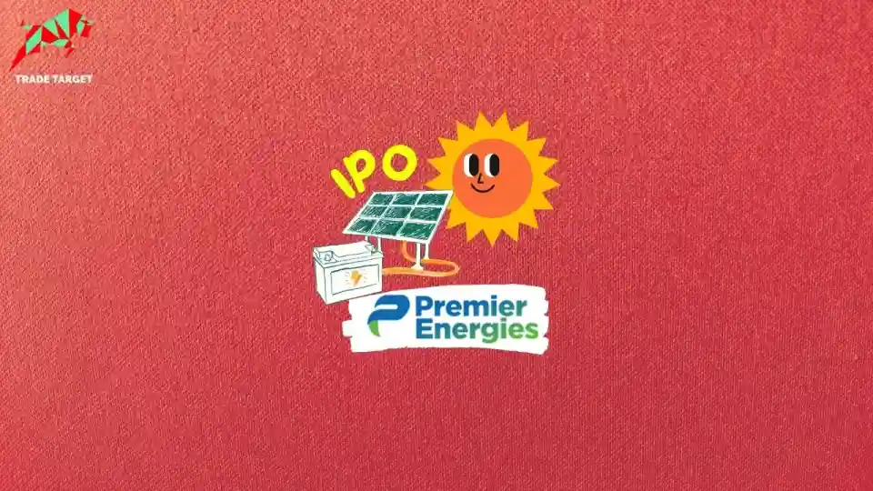 Premier Energies IPO GMP illustration showing a smiling sun against a red background, with solar panels, a solar cell, and the IPO and Premier Energies logos.