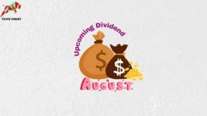 Logo design with the text 'Upcoming Dividend August' in a modern font, symbolizing innovation and financial growth.