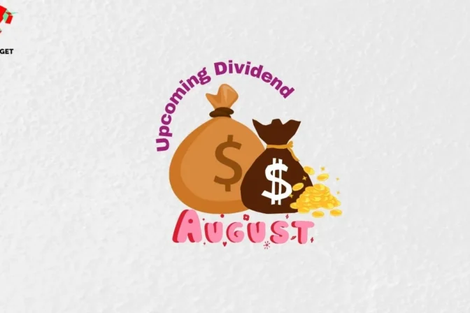 Logo design with the text 'Upcoming Dividend August' in a modern font, symbolizing innovation and financial growth.