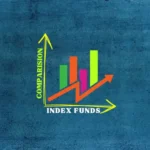 A graph comparing index funds, featuring colorful bars and a rising arrow on a blue textured background, with the words "COMPARISON" on the vertical axis and "INDEX FUNDS" on the horizontal axis.